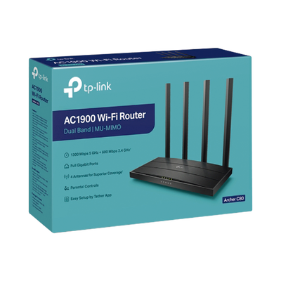 Router inalámbrico AC Wave 2 1900 doble banda 1 puerto WAN 10/100/1000 Mbps y 4 puertos LAN 10/100/1000 Mbps, MIMO 3X3, Beamforming