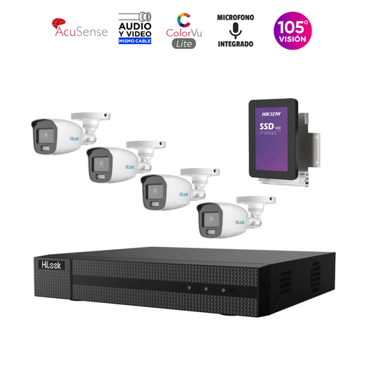 KIT TurboHD 1080p / DVR 8 Canales TurboHD + 2 Canales IP / 2 Megapíxel (1080P) Lite / Acusense Lite (Evita Falsas Alarmas)/ 4 Imagen a Color 24/7 / Micrófono Integrado / SSD 500 GB