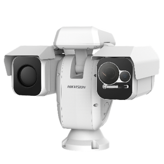 PTZ Punta de Poste IP Dual / Lente Térmico 100 mm (640 X 512) / Lente Óptico 56X Zoom (4 MP) / 800 mts IR Laser / 24 VCA / IP66 / Recubrimiento Anticorrosivo