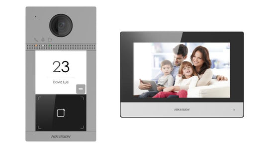 Kit de Videoportero IP Poe Estandar con llamada a App de Smartphone (HikConnect) / Apertura con tarjeta MIFARE / Frente de calle IK08 & IP65 / Soporta 2 puertas