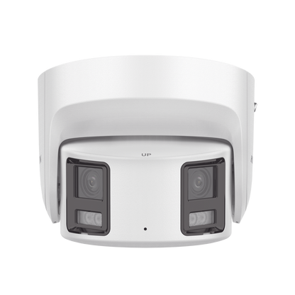 [ PROTECCIÓN ACTIVA ] Turret IP Panorámica 8 Megapíxel / 2 Lentes 4 mm (180°) / Imagen a Color 24/7 (ColorVu) / PoE / WDR 130° / IP67 / ACUSENSE / Luz Estroboscópica y Alarma Audible / 30 mts Luz Blanca / Micro SD