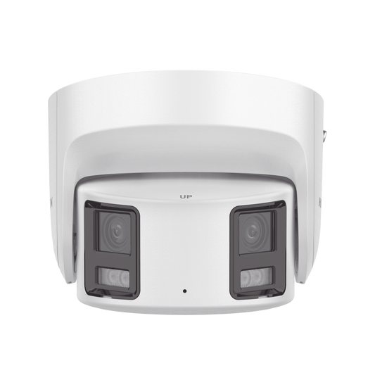 [ PROTECCIÓN ACTIVA ] Turret IP Panorámica 8 Megapíxel / 2 Lentes 4 mm (180°) / Imagen a Color 24/7 (ColorVu) / PoE / WDR 130° / IP67 / ACUSENSE / Luz Estroboscópica y Alarma Audible / 30 mts Luz Blanca / Micro SD