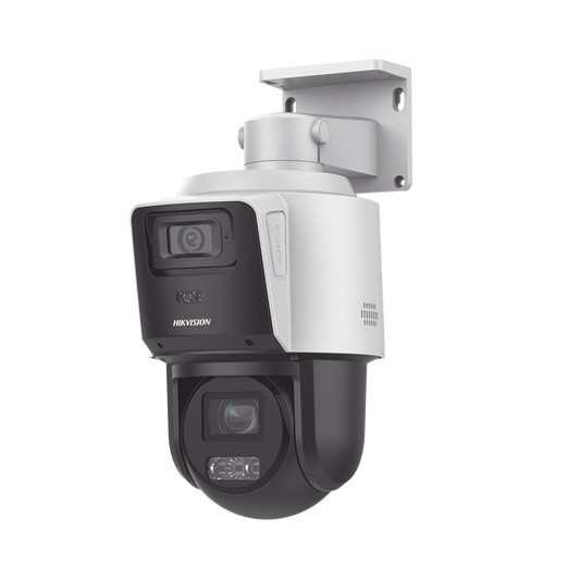 [TandemVu] PTZ IP 4 Megapixel con Cámara Panorámica 4 Megapixel / 4X Zoom / Dual Light (40 mts IR + 30 mts Luz Blanca) / ACUSENSE / IP66  / PoE+ / DARKFIGHTER / Micro SD / Incluye Base para Techo o Pared