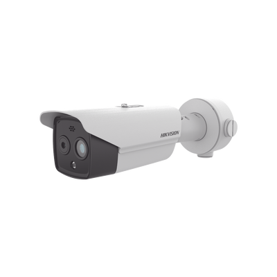 Bala IP Dual / Térmica 3.6 mm (256 × 192) / Óptico 4.3 mm (4 Megapixel) / 30 mts IR / Exterior IP67 / PoE / Termométrica / Detección de Temperatura / Sirena y Luz Intermitente Integrada / MicroSD