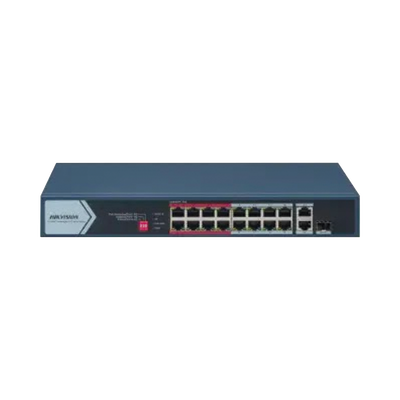 Switch PoE+ / No Administrable / 16 Puertos 10/100 Mbps PoE+ / 2 Puerto 10/100/1000 Mbps + 1 Puerto SFP Uplink / PoE hasta 300 metros / 130 W