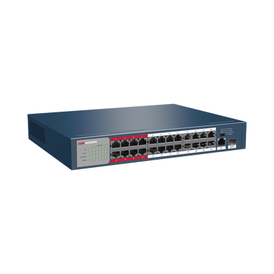 Switch PoE+ / No Administrable / 24 Puertos 10/100 Mbps PoE+ / 1 Puerto 10/100/1000 Mbps + 1 Puerto SFP Uplink / PoE hasta 250 metros / 230 W