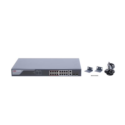 Switch Monitoreable PoE+ / 16 puertos 10/100 Mbps PoE+ / 2 puertos 10/100/1000 Mbps + 2 puertos SFP de Uplink / PoE hasta 250 metros / conexión remota desde Hik-PartnerPro / 230 W