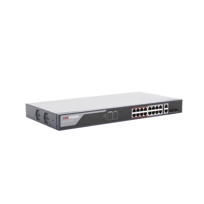 Switch Monitoreable PoE+ / 16 puertos 10/100 Mbps PoE+ / 2 puertos 10/100/1000 Mbps + 2 puertos SFP de Uplink / PoE hasta 250 metros / conexión remota desde Hik-PartnerPro / 230 W