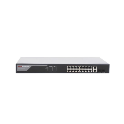 Switch Monitoreable PoE+ / 16 puertos 10/100 Mbps PoE+ / 2 puertos 10/100/1000 Mbps + 2 puertos SFP de Uplink / PoE hasta 250 metros / conexión remota desde Hik-PartnerPro / 230 W