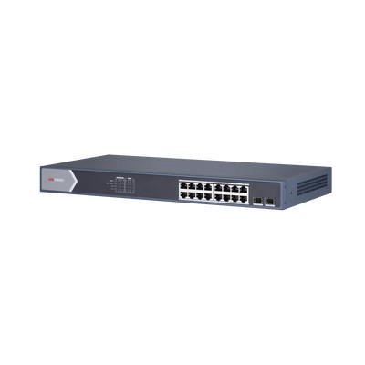 Switch Gigabit PoE+ / Administrable / 16 Puertos 10/100/1000 Mbps PoE+ / 2 Puertos SFP / Configuración Remota desde Hik-ParnerPro / PoE hasta 300 Metros / 225 W