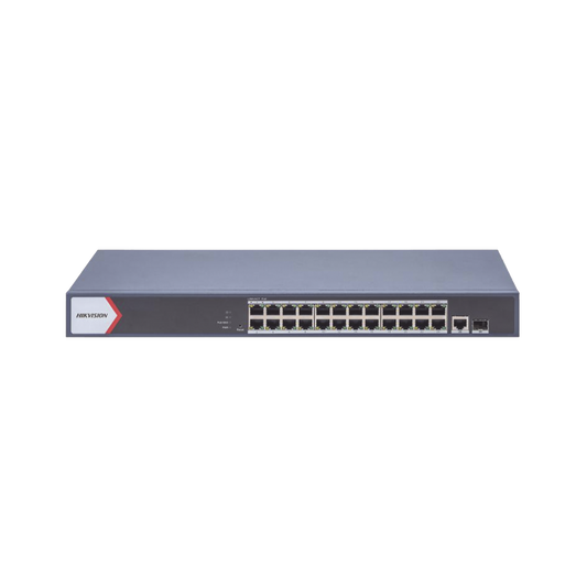 Switch Gigabit PoE+ / Administrable / 24 Puertos 10/100/1000 Mbps PoE+ /  1 Puerto 10/100/1000 Mbps Uplink / 1 Puertos SFP Uplink  Configuración Remota desde Hik-PartnerPro /Modo Extendido hasta 300 Metros / 230 W