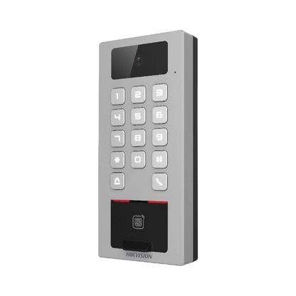Terminal de Control de Acceso / Videoportero Multiapartamento Llamada a App / Teclado / Exterior Antivandálico IP65 & IK09 / Huella, Tarjeta, Código QR, PIN o App Hik-Connect  / Cámara 2 MP compatible con NVRs
