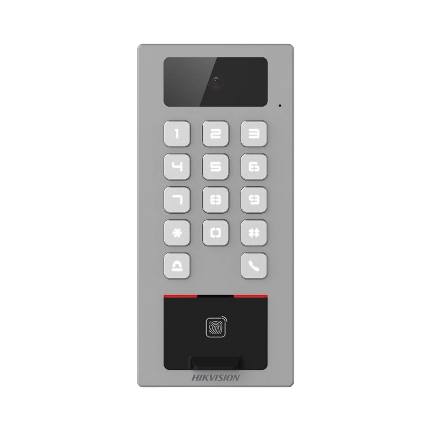Terminal de Control de Acceso / Videoportero Multiapartamento Llamada a App / Teclado / Exterior Antivandálico IP65 & IK09 / Huella, Tarjeta, Código QR, PIN o App Hik-Connect  / Cámara 2 MP compatible con NVRs