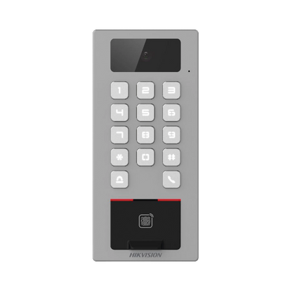 Terminal de Control de Acceso / Videoportero Multiapartamento Llamada a App / Teclado / Exterior Antivandálico IP65 & IK09 / Huella, Tarjeta, Código QR, PIN o App Hik-Connect  / Cámara 2 MP compatible con NVRs
