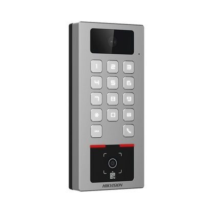 Teclado con Lector Físico de QRs para Exterior Antivandálico IP65 & IK09 con función de Videoportero Multiapartamento /  Huella, Tarjeta, Código QR, PIN o App HikConnect  / Cámara 2 MP compatible con NVRs / Soporta b