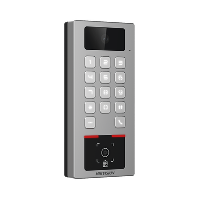Teclado con Lector Físico de QRs para Exterior Antivandálico IP65 & IK09 con función de Videoportero Multiapartamento /  Huella, Tarjeta, Código QR, PIN o App HikConnect  / Cámara 2 MP compatible con NVRs / Soporta b