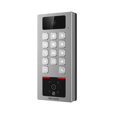 Teclado con Lector Físico de QRs para Exterior Antivandálico IP65 & IK09 con función de Videoportero Multiapartamento /  Huella, Tarjeta, Código QR, PIN o App HikConnect  / Cámara 2 MP compatible con NVRs / Soporta b