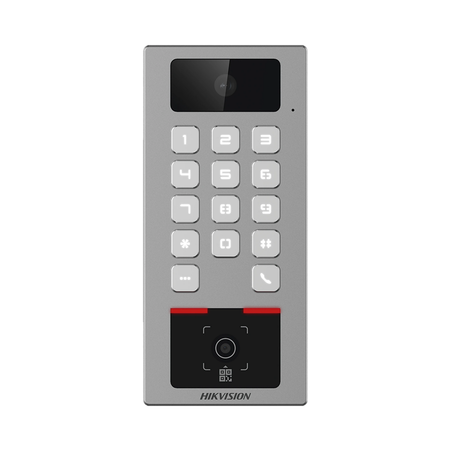 Teclado con Lector Físico de QRs para Exterior Antivandálico IP65 & IK09 con función de Videoportero Multiapartamento /  Huella, Tarjeta, Código QR, PIN o App HikConnect  / Cámara 2 MP compatible con NVRs / Soporta b