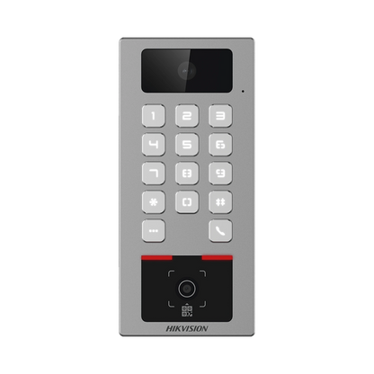Teclado con Lector Físico de QRs para Exterior Antivandálico IP65 & IK09 con función de Videoportero Multiapartamento /  Huella, Tarjeta, Código QR, PIN o App HikConnect  / Cámara 2 MP compatible con NVRs / Soporta b