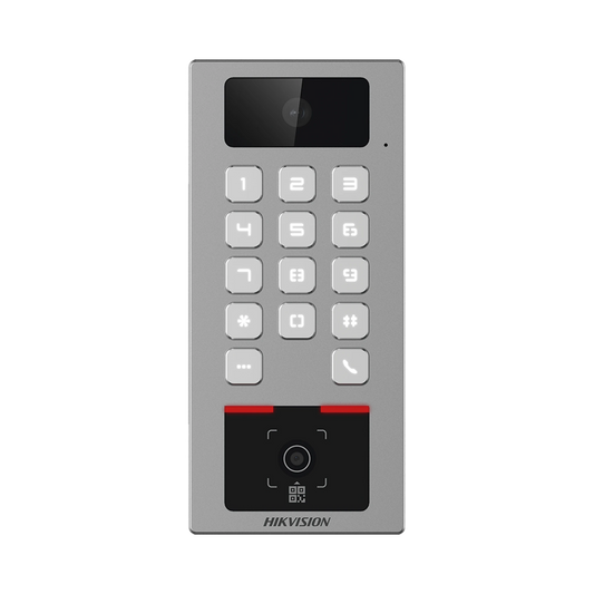 Teclado con Lector Físico de QRs para Exterior Antivandálico IP65 & IK09 con función de Videoportero Multiapartamento /  Huella, Tarjeta, Código QR, PIN o App HikConnect  / Cámara 2 MP compatible con NVRs / Soporta b