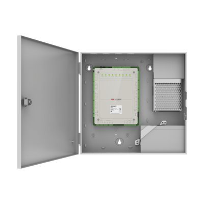 Controlador de Acceso 4 Puertas Administrable en la Nube con Hik-Connect Teams / Interfaz Web / 8 Lectores de Huella o Tarjeta / 100,000 Tarjetas / 10,000 Huellas / Incluye Gabinete y Fuente de Alimentación 12Vcd 8 A / Soporta Batería de Res