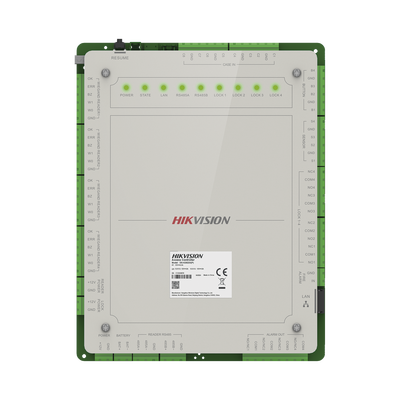 Controlador de Acceso 4 Puertas Administrable en la Nube con Hik-Connect Teams / Interfaz Web / 8 Lectores de Huella o Tarjeta / 100,000 Tarjetas / 10,000 Huellas / Incluye Gabinete y Fuente de Alimentación 12Vcd 8 A / Soporta Batería de Res