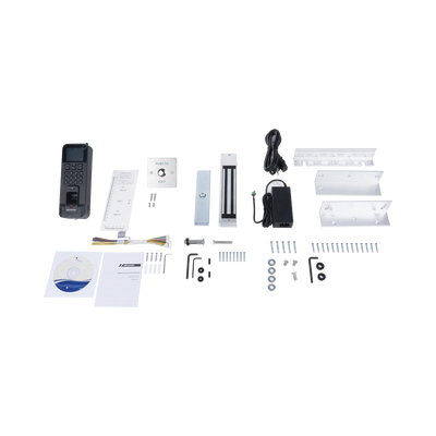 Kit de Control de Acceso TODO INCLUIDO con Lector de Huellas y Tarjetas / 3,000 Huellas / Compatible con App Hik-Connect / Incluye Electroimán  Botón de Salida y Montajes Z y L para imán (DS-K1T804)