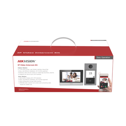 Kit de Videoportero IP Poe Estandar con llamada a App de Smartphone (HikConnect) / Apertura con tarjeta MIFARE / Frente de calle IK08 & IP65 / Soporta 2 puertas