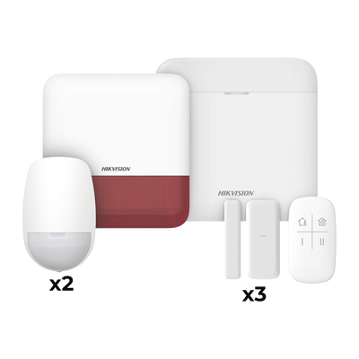 (AX PRO) KIT de Alarma AX PRO con GSM (3G/4G) / Incluye: 1 Hub con bateria de respaldo / 2 Sensores PIR / 3 Contactos Magnéticos mini / 1 Control Remoto / 1 Sirena estrobo Roja Inalambrica Exterior  / WiFi / Compatible con Hik-Connect P2P