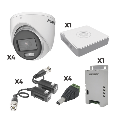 KIT COLORVU TURBOHD 1080p Lite / DVR 4 Canales con almacenamiento 300GB(eSSD) / 4 Cámaras Eyeball ColorVu con Micrófono/ Transceptores / Conectores / Fuente de Poder Profesional