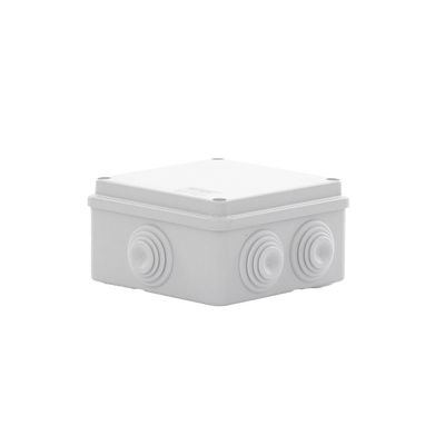 Caja de derivación de PVC Auto-extinguible con 6 entradas, tapa atornillada, 100x100x50 MM, (Medidas internas, mayor área permisible para e cable, Para exterior (IP55)
