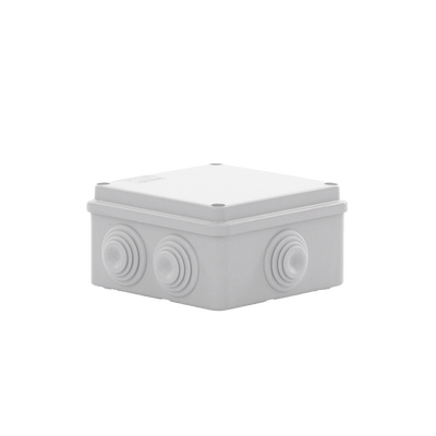 Caja de derivación de PVC Auto-extinguible con 6 entradas, tapa atornillada, 100x100x50 MM, (Medidas internas, mayor área permisible para e cable, Para exterior (IP55)