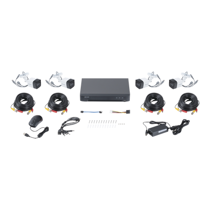 KIT TURBOHD 5 Megapixel  / DVR 4 Canales / 4 Cámaras Bala Fabricadas en Metal con Micrófono Integrado (exterior 2.8 mm) / Fuente de Poder / Accesorios de Instalación