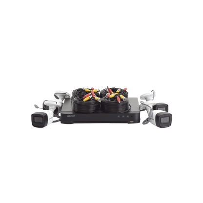 KIT TURBOHD 5 Megapixel  / DVR 4 Canales / 4 Cámaras Bala Fabricadas en Metal con Micrófono Integrado (exterior 2.8 mm) / Fuente de Poder / Accesorios de Instalación
