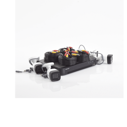 KIT TURBOHD 5 Megapixel  / DVR 4 Canales / 4 Cámaras Bala Fabricadas en Metal con Micrófono Integrado (exterior 2.8 mm) / Fuente de Poder / Accesorios de Instalación