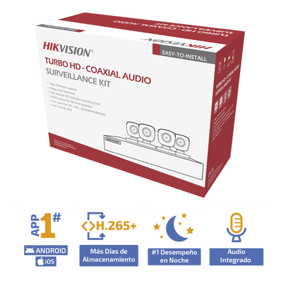 KIT TURBOHD 5 Megapixel  / DVR 4 Canales / 4 Cámaras Bala Fabricadas en Metal con Micrófono Integrado (exterior 2.8 mm) / Fuente de Poder / Accesorios de Instalación