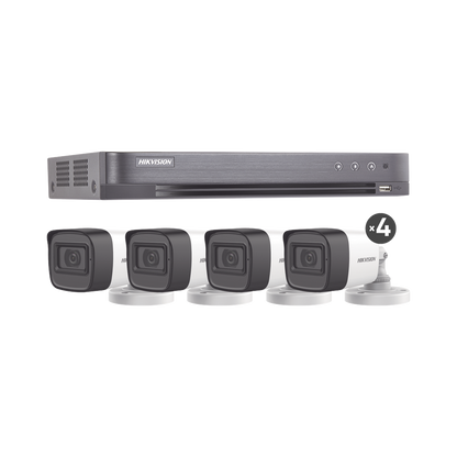 KIT TURBOHD 5 Megapixel  / DVR 4 Canales / 4 Cámaras Bala Fabricadas en Metal con Micrófono Integrado (exterior 2.8 mm) / Fuente de Poder / Accesorios de Instalación
