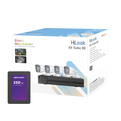 Kit TurboHD 1080p + SSD 1 TB / DVR 4 Canales / 4 Cámaras Bala ColorVu con Micrófono Integrado / Fuente de Poder / Accesorios de Instalación