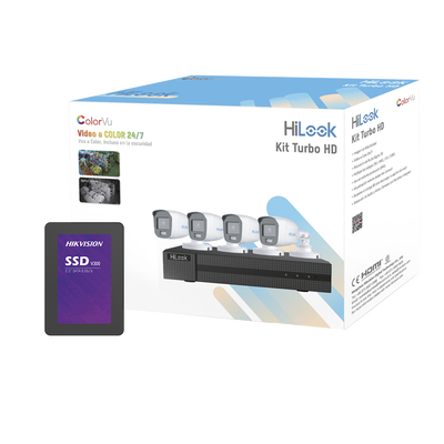 Kit TurboHD 1080p + SSD 512 GB / DVR 4 Canales / 4 Cámaras Bala ColorVu con Micrófono Integrado / Fuente de Poder / Accesorios de Instalación