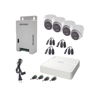 Kit HiLook Audio Bidireccional TurboHD 1080p / DVR 4 Canales / 4 Cámaras Eyeball (Exterior) con Bocina y Microfóno Integrado / 1 Fuente de Poder / Accesorios