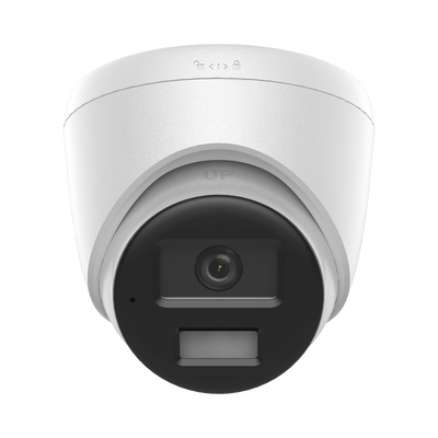 [Dual Light] Turret IP de 2 Megapixel   / Lente 2.8 mm /  Ángulo de visión 101° / 20 mts IR + 15 mts Luz Blanca / Micrófono Integrado / ACUSENSE Lite /  Exterior IP67 / PoE / dWDR / H.265+ / ONVIF