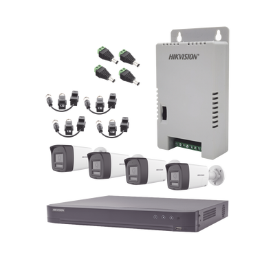 Kit Audio Bidireccional TurboHD 4K-3K / DVR 4 Canales 4K / 4 Cámaras Bala (Exterior) con Bocina y Microfóno Integrado 3K / 1 Fuentes de Poder / Accesorios