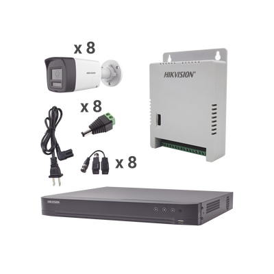 Kit Audio Bidireccional TurboHD 4K-3K / DVR 8 Canales 4K / 8 Cámaras Bala (Exterior) con Bocina y Microfóno Integrado 3K / 1 Fuentes de Poder / Accesorios