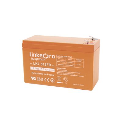 Batería 12 V / 7.5 Ah / UL / Tecnología AGM-VRLA / Vida útil promedio de 5 años / Retardante a la Flama / Para equipo electrónico, Alarmas de Intrusión / Incendio/ Control de acceso / Video Vigilancia / Terminales