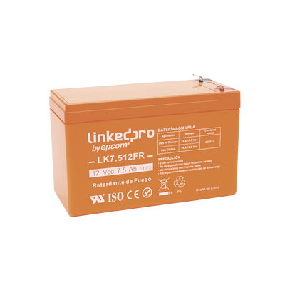 Batería 12 V / 7.5 Ah / UL / Tecnología AGM-VRLA / Vida útil promedio de 5 años / Retardante a la Flama / Para equipo electrónico, Alarmas de Intrusión / Incendio/ Control de acceso / Video Vigilancia / Terminales