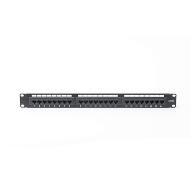 Panel de parcheo de impacto (110) UTP de 24 puertos Cat6A, 19in, con barra para Organizar cables y espacio para Etiqueta