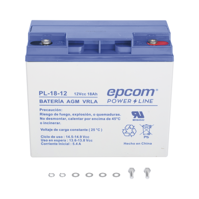 Batería 12 Vcc / 18 Ah / UL / Tecnología AGM-VRLA / Para uso en equipo electrónico Alarmas de intrusión / Incendio/ Control de acceso / Video Vigilancia / Terminales de tornillo M5 ( HEX ) / Cargador recomendado CHR-80.