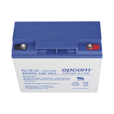Batería 12 Vcc / 18 Ah / UL / Tecnología AGM-VRLA / Para uso en equipo electrónico Alarmas de intrusión / Incendio/ Control de acceso / Video Vigilancia / Terminales de tornillo M5 ( HEX ) / Cargador recomendado CHR-80.