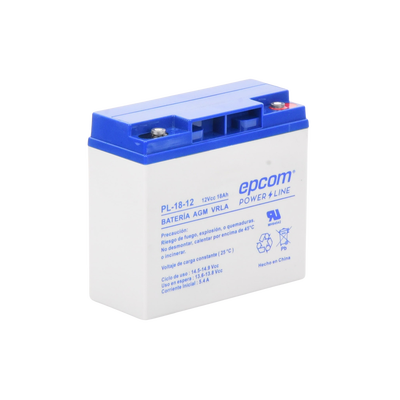 Batería 12 Vcc / 18 Ah / UL / Tecnología AGM-VRLA / Para uso en equipo electrónico Alarmas de intrusión / Incendio/ Control de acceso / Video Vigilancia / Terminales de tornillo M5 ( HEX ) / Cargador recomendado CHR-80.