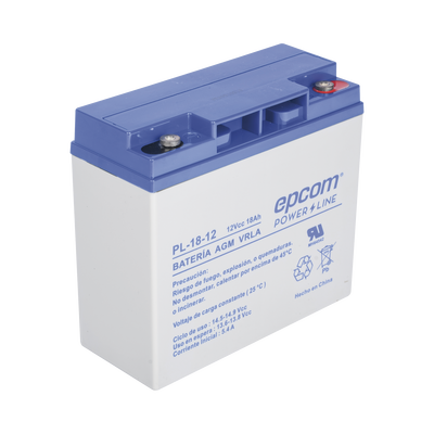 Batería 12 Vcc / 18 Ah / UL / Tecnología AGM-VRLA / Para uso en equipo electrónico Alarmas de intrusión / Incendio/ Control de acceso / Video Vigilancia / Terminales de tornillo M5 ( HEX ) / Cargador recomendado CHR-80.